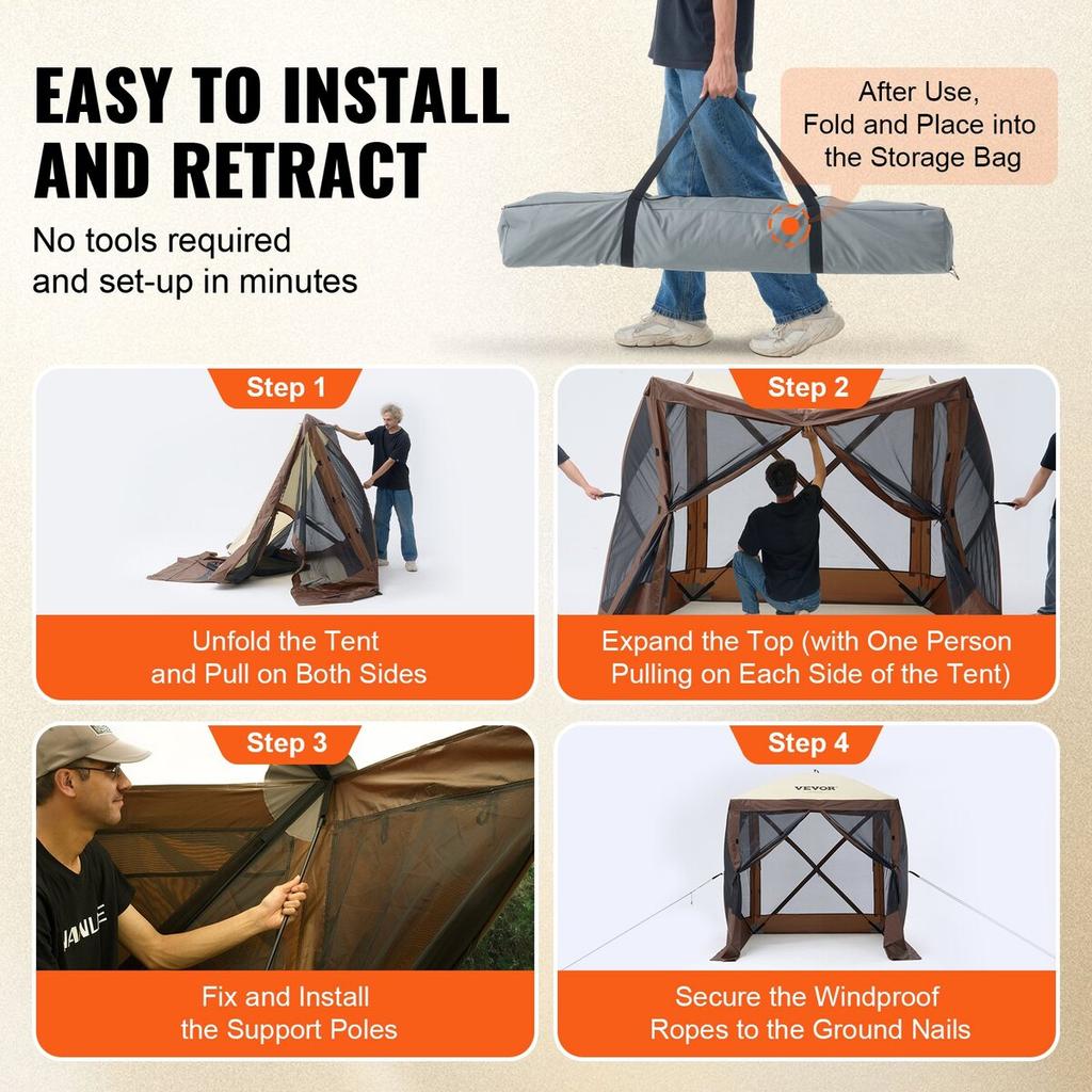 Pop Up Gazebo Tent Pop-Up Screen Tent 4 Sided Canopy Sun Shelter Brown