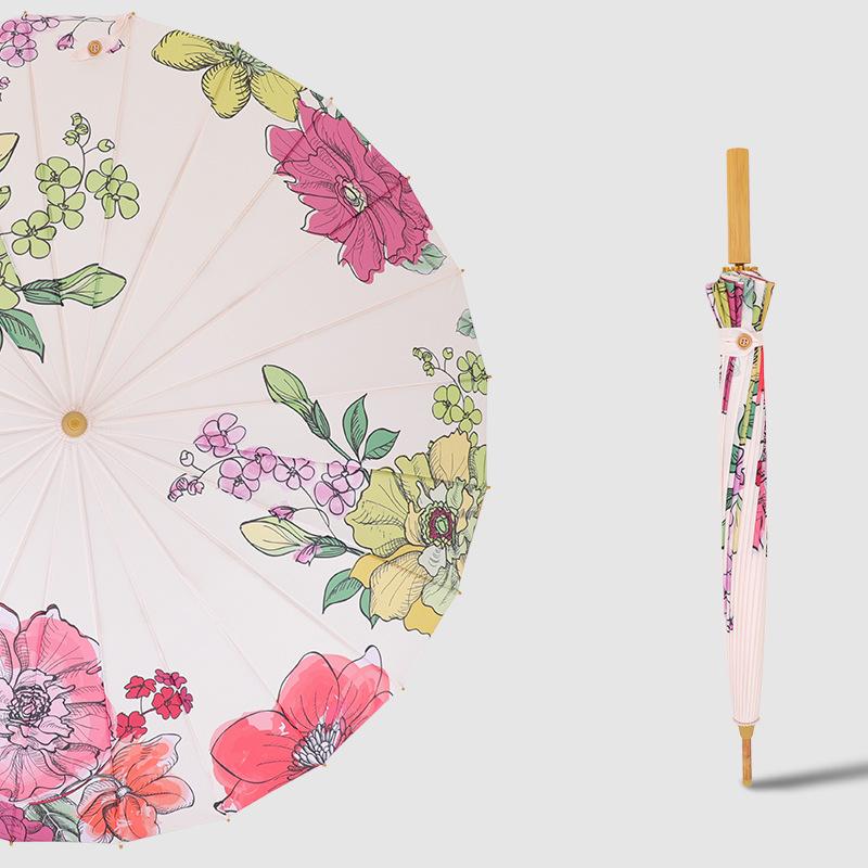New Fashionable Retro Oil Painting 24 Bone Straight Pole Umbrella Solid Wood Handle Long Handle Umbrella Plus Printed Umbrella Ancient Style Umbrella