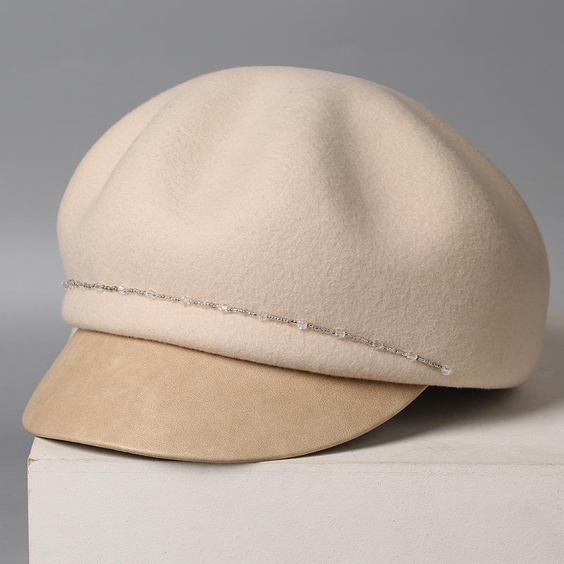 Autumn and Winter Light Luxury Handmade Diamond Chain Wool Cap Women's Versatile Fashion Newsboy Hat Trendy and Warm Felt Hat