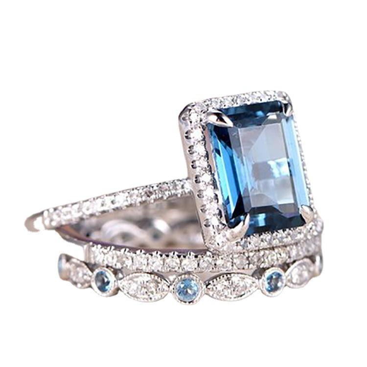 

Luxury Charm Shining Full of Sea Blue Zircon Crystal Geometric Square Rings for Women Men Bride Engagement Wedding Jewelry Gift 10 морской синий