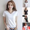 Women Summer T-shirt V-neck Short Sleeve Slim Fit T-shirt Solid Color Pullover Tops Stretchy Bottoming Shirt Streetwear