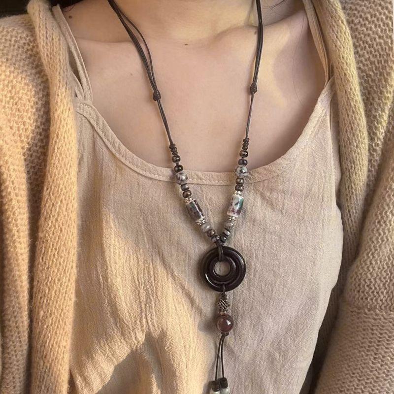 Retro pendant, ethnic style ceramic butterfly bell necklace, women's new trendy long sweater chain with accessories