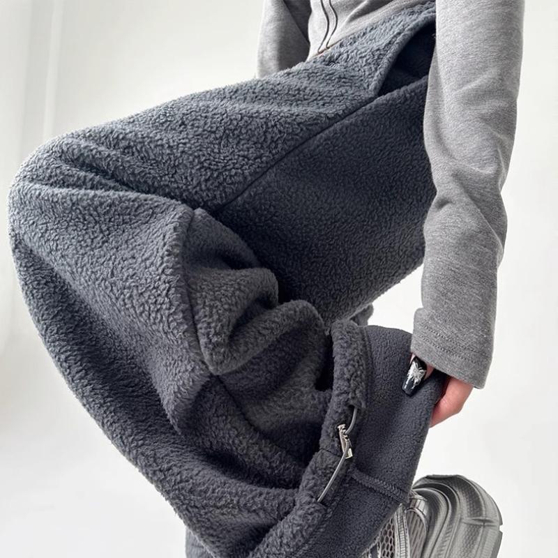 Simple Women's Thickened Pants Elastic Waist Polar Fleece Drawstring Straight Bottom Wide Leg Female Trousers Autumn Winter