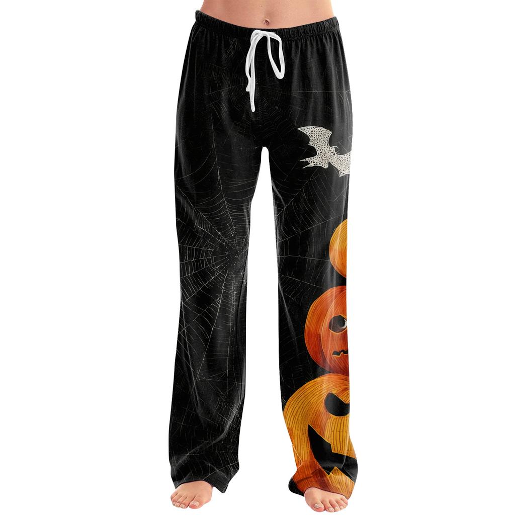Damen Jogginghose mit Kordelzug, lässige Halloween-Print-Hose, volle Länge, lockere Passform, elastischer Bund, für entspannte Kleidung