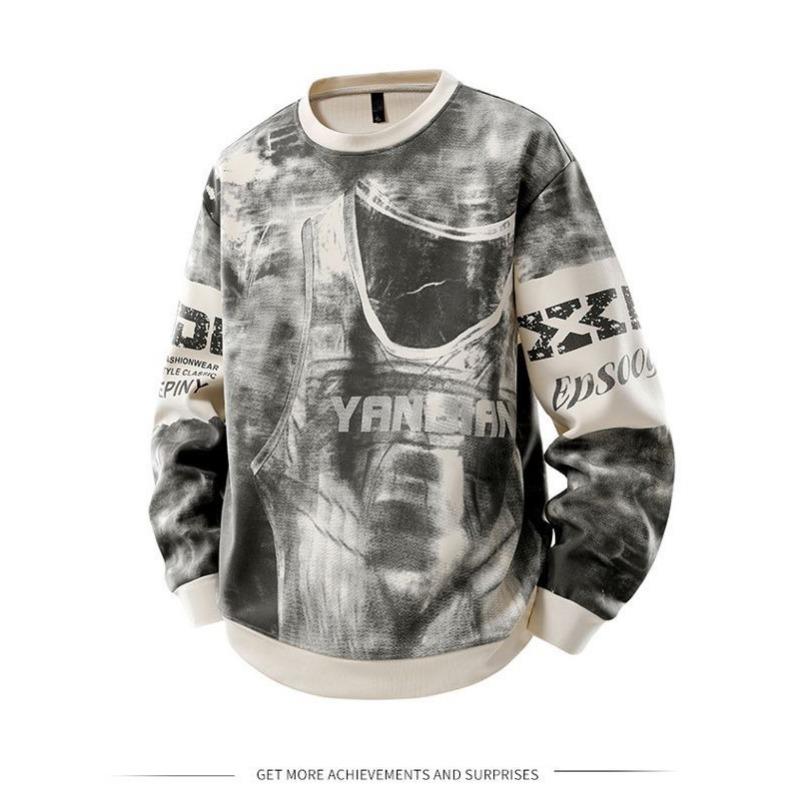 Trendy Large Size Loose Printed Sweatshirt Men Long Sleeves Ribbed New Round Neck Youth Tops Trend
