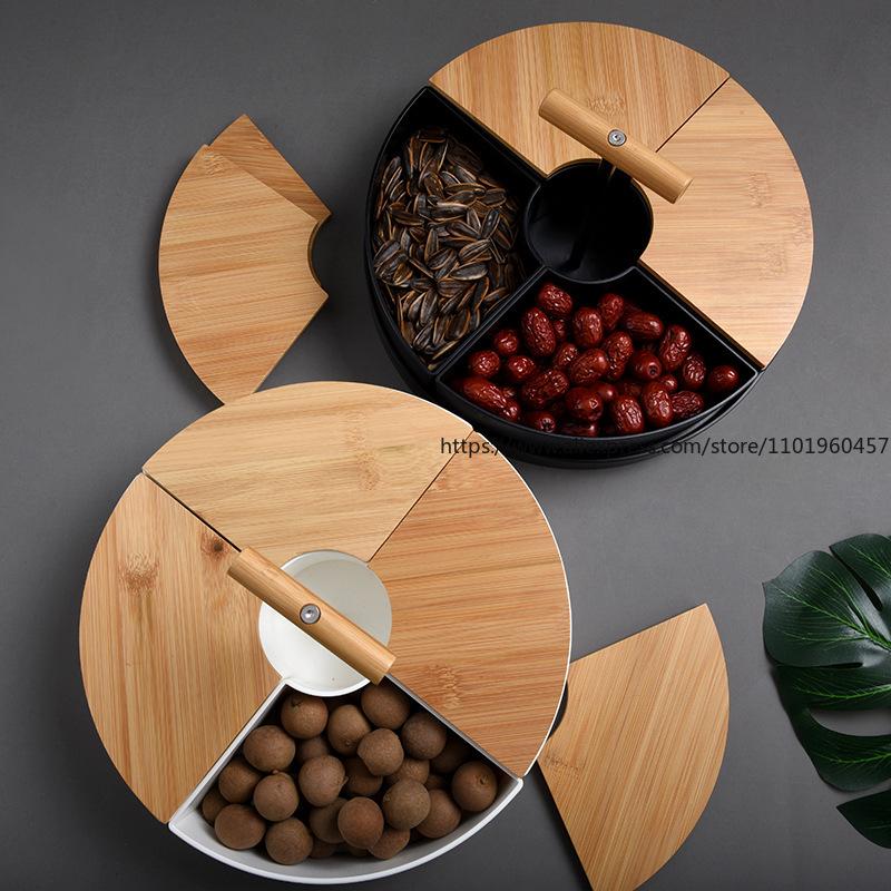 Japanese Style Fruit Plate Dried Fruit Candy Snack Box Creative Partition Bamboo Lid Portable Dried Fruit Box