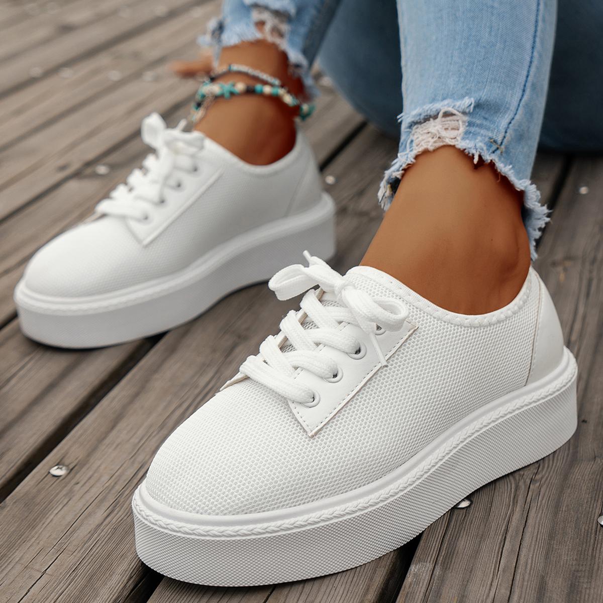 

Fashion New Mesh Breathable Sneakers Women Thick Bottom Non-Slip Vulcanize Shoes Woman Plus Size Lace Up Casual Shoes Platform Shoes 43 белый