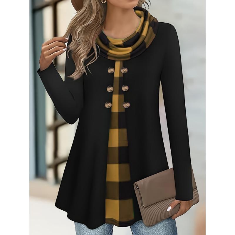 Autumn T-shirts Fashion Plaid Print Fake Two-piece Pleated Scarf Wild Button Plus Size Women's Thin Long-sleeved T-shirt