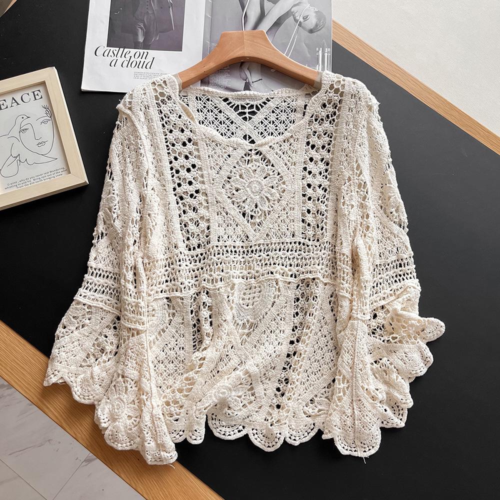 DIMANAF 2024 T-Shirt Women Knitting Lace Vest O-Neck Hollow Summer Style Long Sleeve Basic White Tops Tees Loose Clothing Bei