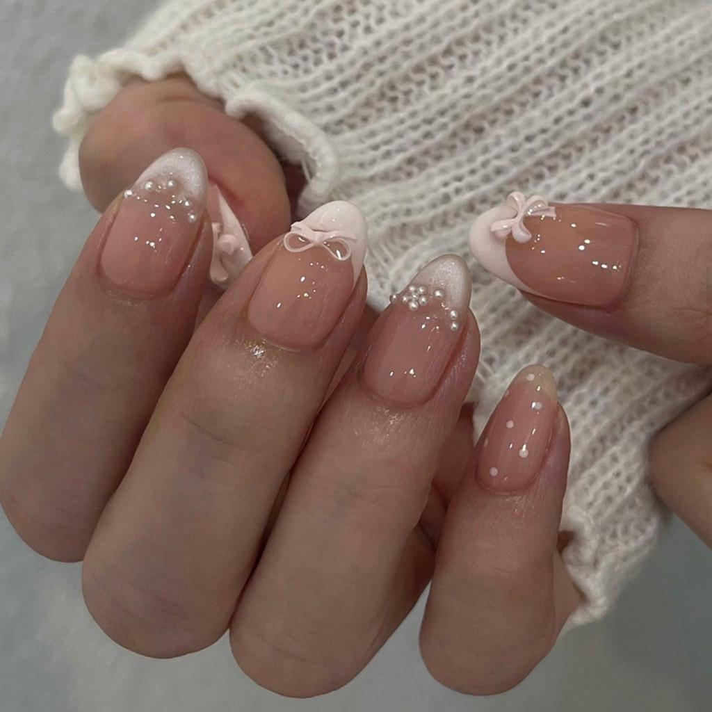 24Pcs French Almond False Nails Pink Stiletto Press On Nails With White Edge Design And Glue Simple Wearable Nail Tips