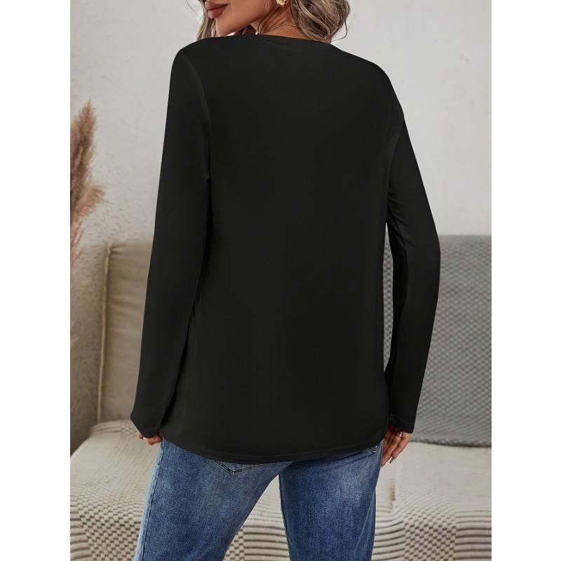 European Sizes Prosecco Gift Print T-shirt, Long Sleeve Crew Neck Casual Top for Spring & Fall, Women's Clothing