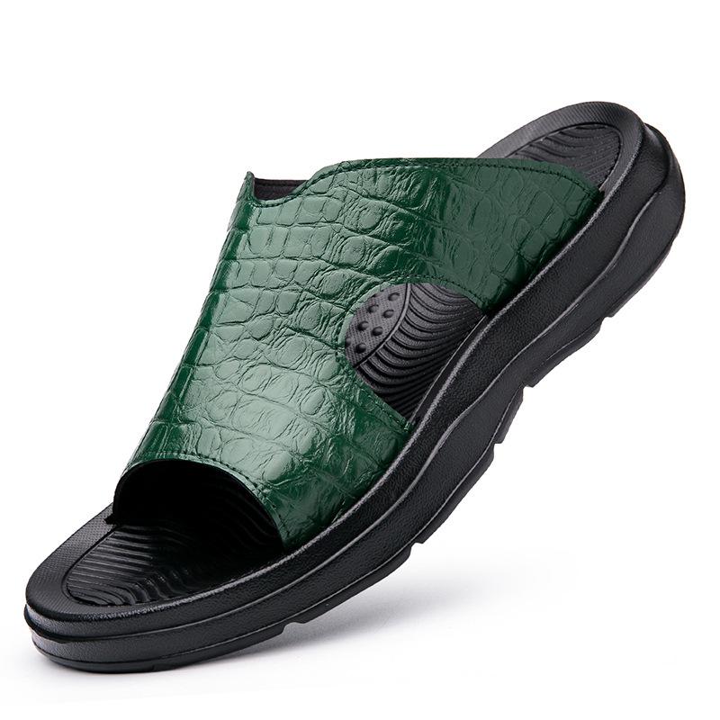 Men s Crocodile Pattern Leather Beach Sandals - Non-slip, Wear-resistant, Soft Sole, Summer Slippers (Size 46) 43 зелёный