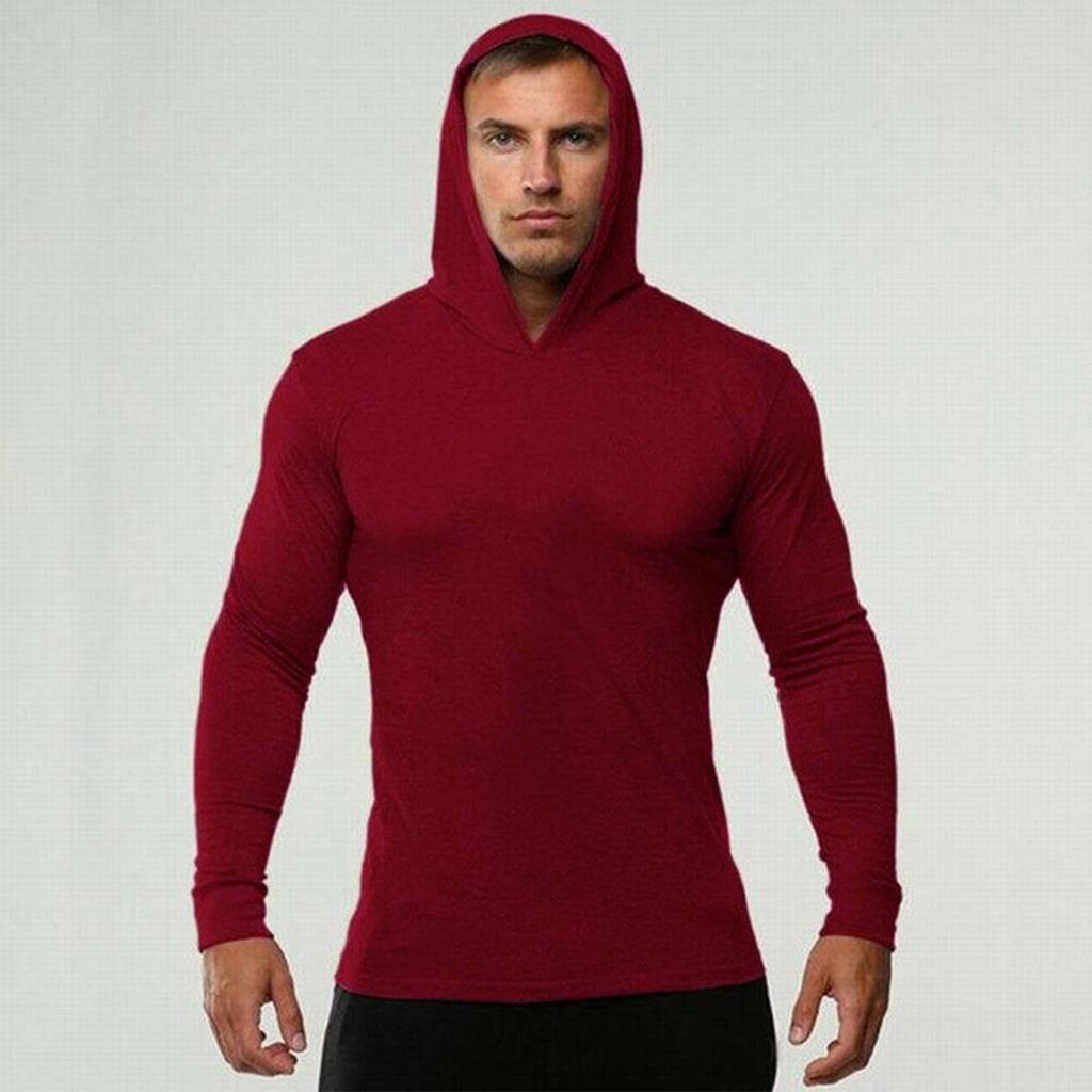 Men's Muscle Men Solid Color Blank Hooded Slim Bodybuilding Fitness Sports Long Sleeve Tops