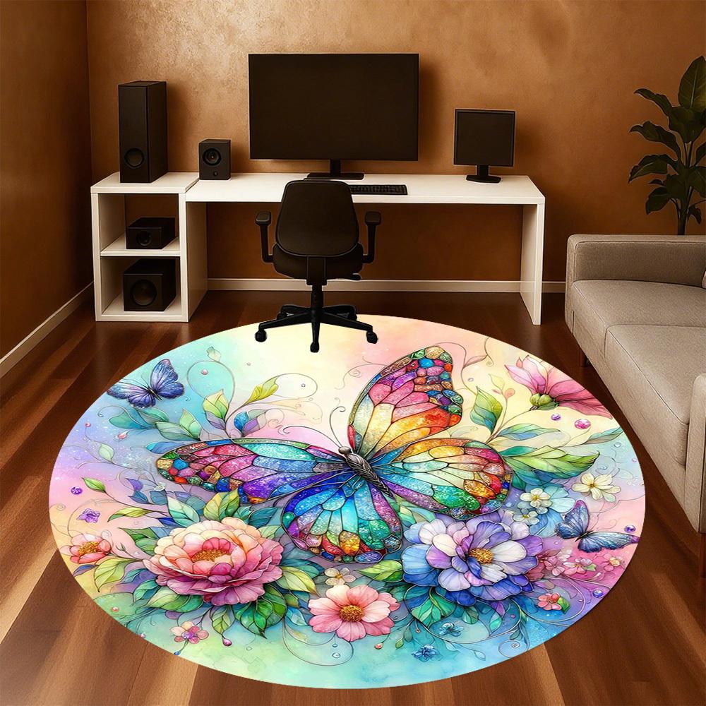 1 stuks Vlinder Bloemen Ronde Stoelmat kantoor Vloerkleed - Antislip, Vloermat voor Kantoor, Slaapkamer, Ideaal woondecoratie cadeau c0112001
