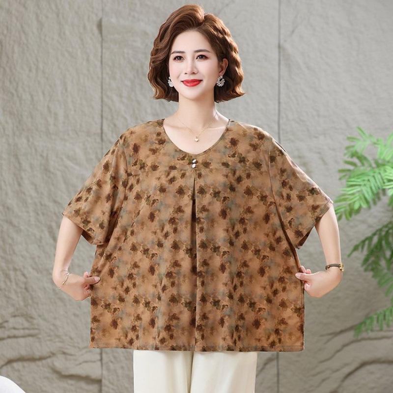 Plus Size Women Summer Ice Silk Short Sleeve T Shirt Floral Print Pullover Top