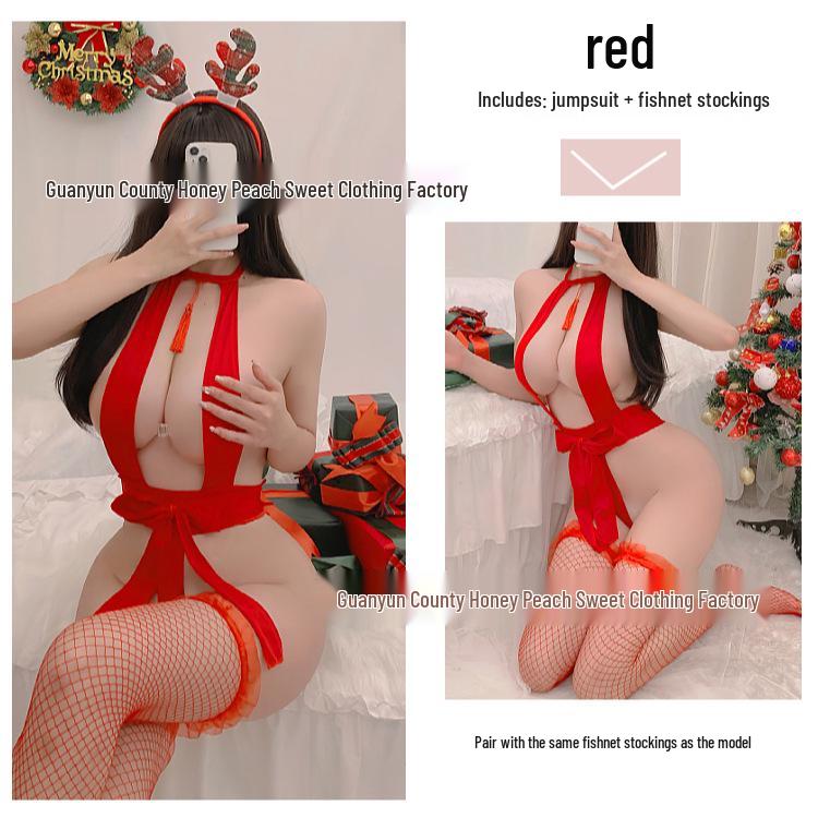 Reindeer Cosplay Christmas Sexy Lingerie Set - Tassel Bow Bodysuit with Open Crotch and Open Cup