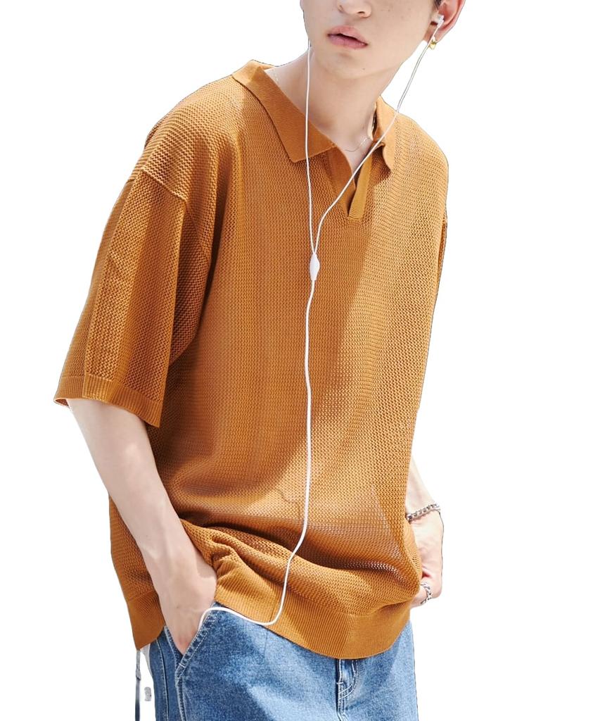 WEGO Mesh Polo Knit Summer Loose Korean Size Mustard Men's Pullover, Top, Fit, Casual, Gift, Style, Layered, Spring, Summer, Autumn, M,