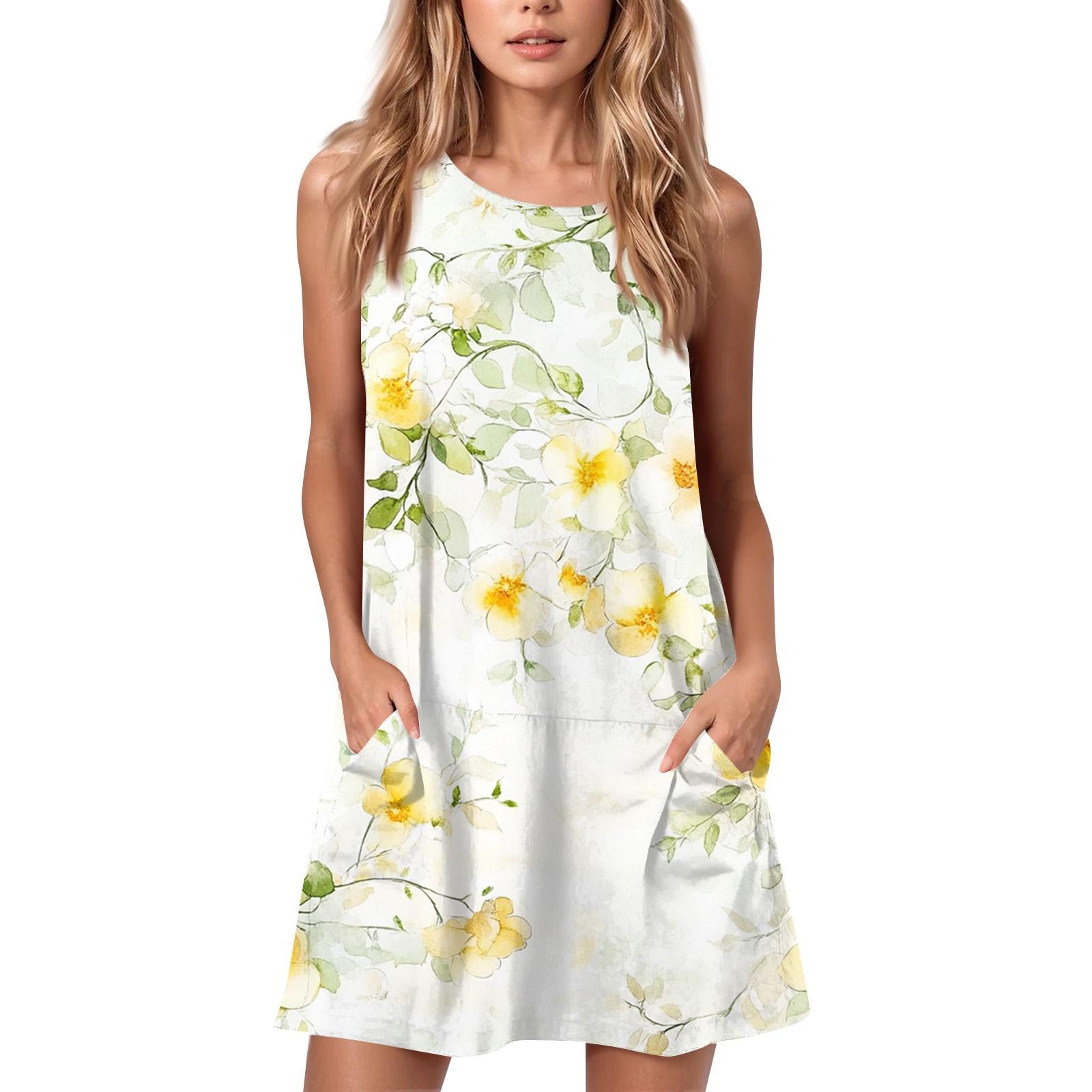 

Женское летнее повседневное платье с круглым вырезом и принтом, платье без рукавов с карманами XL жёлтый