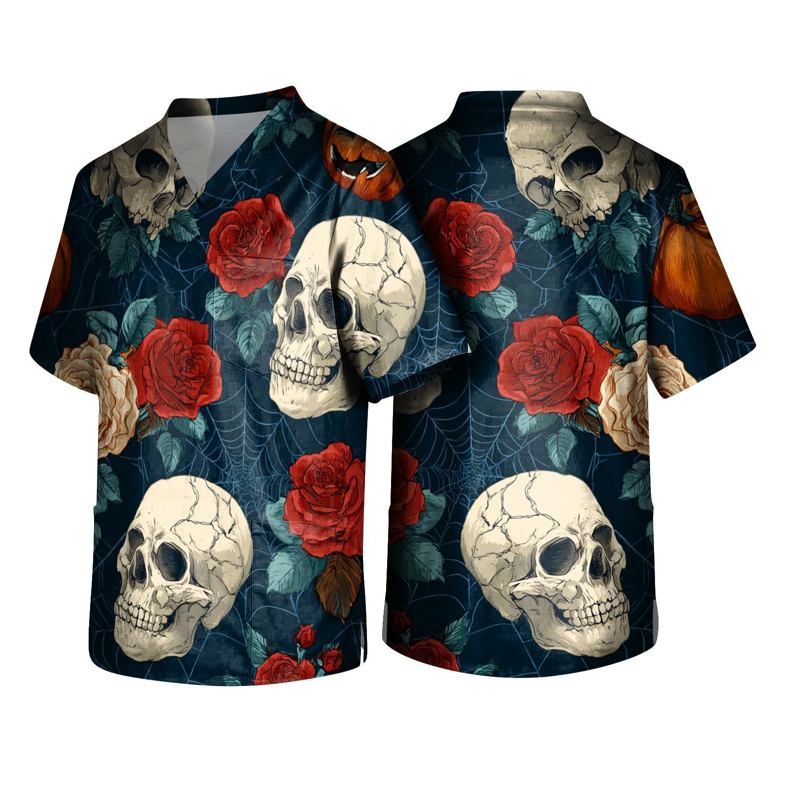 Men s Halloween Printed V-Neck Scrub Top with Pocket, Short Sleeve S