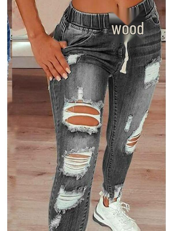 2023 High Waist Ripped Lace-up Women's Jeans - Elastic Waist, Small Leg, Long Pants
