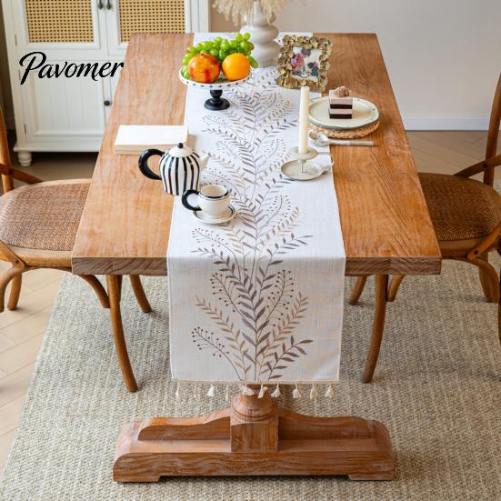 Table Runner Protects from Hot Pans Floral Embroidered Runner, Elegant Dining Cover, White Rustic with Tassels for Home Wedding Bridal Shower