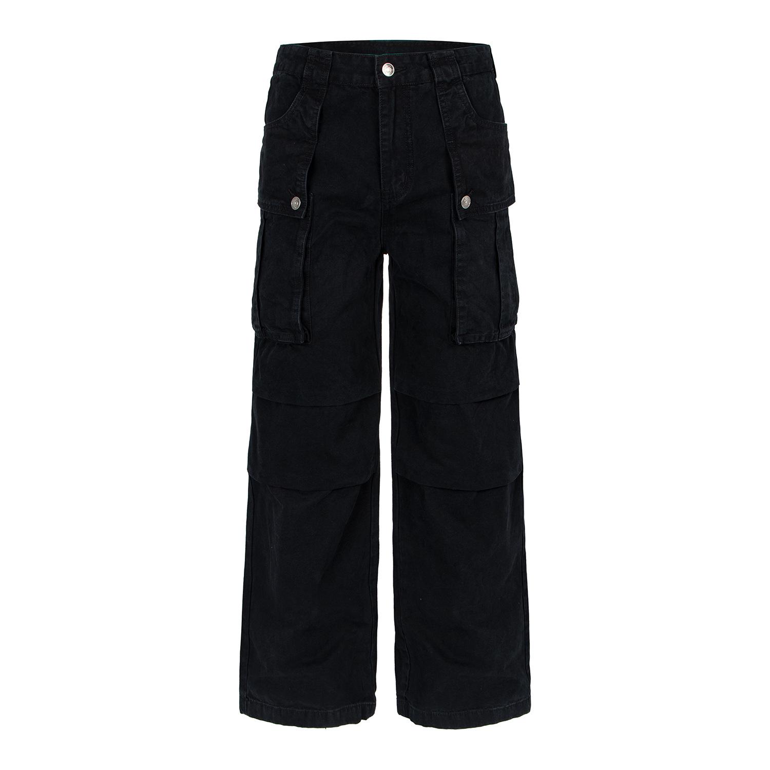 Unisex Loose Straight-Leg Cargo Pants with Knee Pleats and Multi-Pocket Design Medium