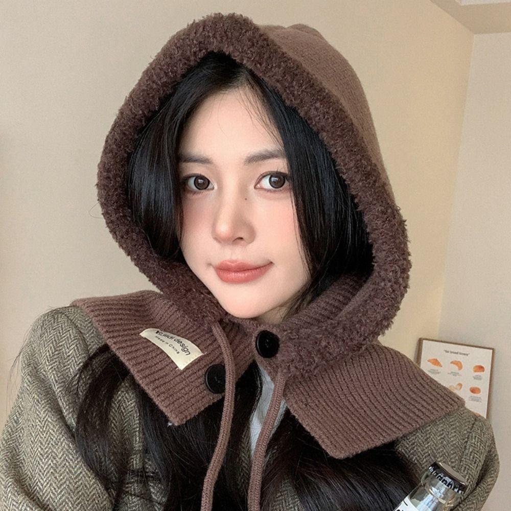 Ear Protection Women Winter Balaclava Hats One-Piece Neck Collar Beanies Caps Knitted Hooded Caps