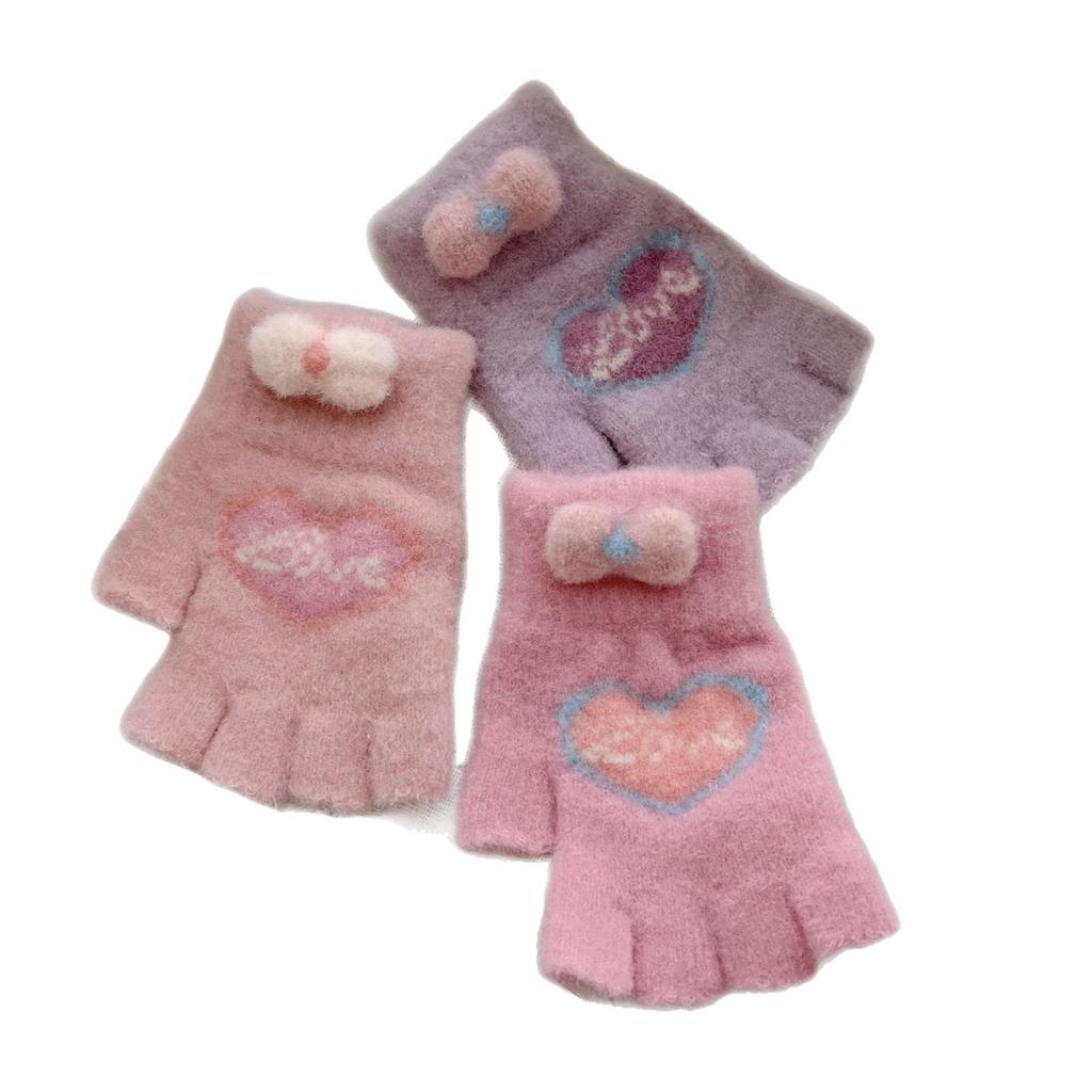 New Style Women's Half Finger Big Children's Warm Five Finger Split Finger Writing Love Bow Cute Knitted Gloves