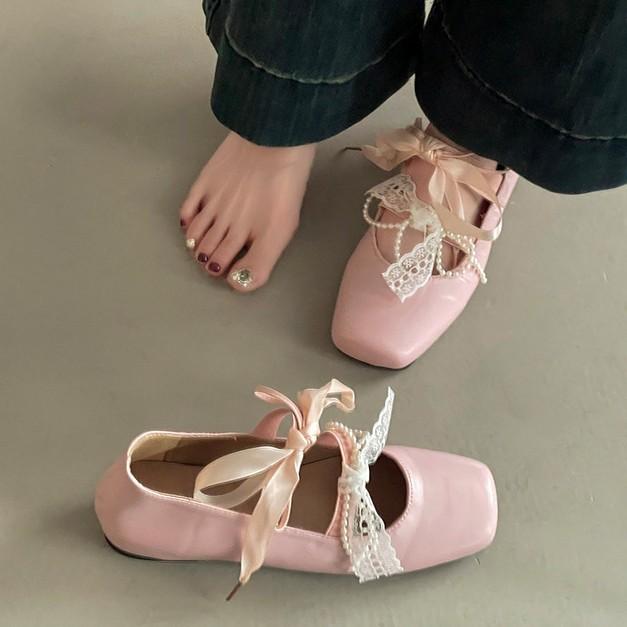 Women's Ballet Shoes French Elegant Lace Bow Mary Jane Single Shoes Beautiful Summer Fashion Pearl