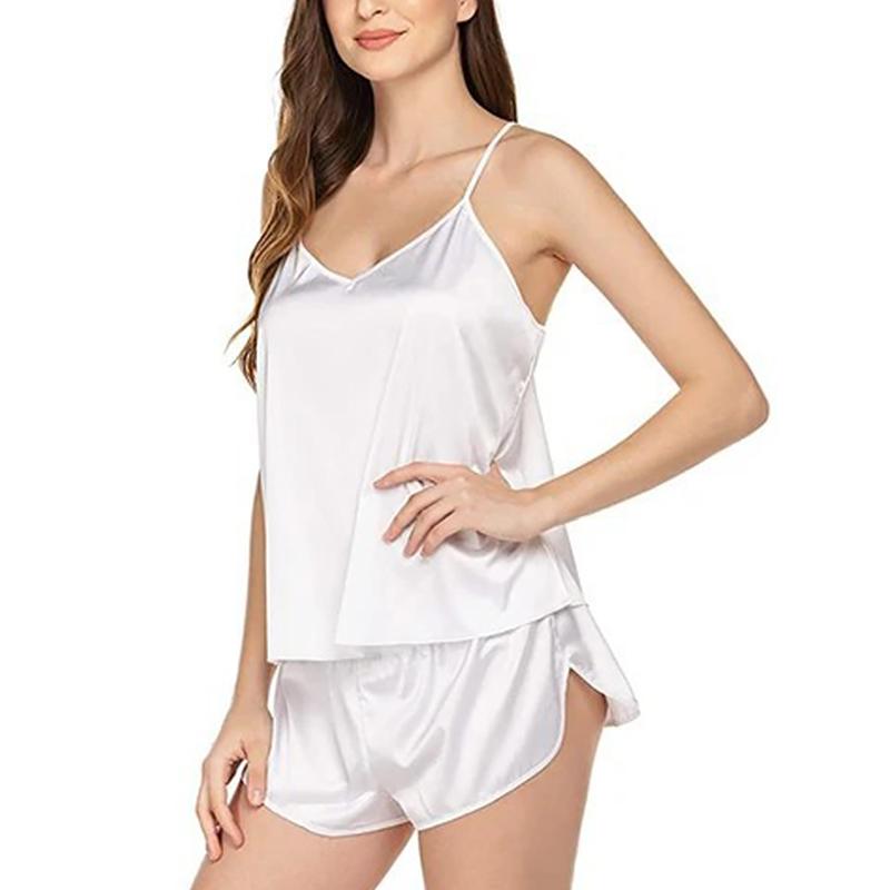Top cu bretele spaghetti pentru femei, pijama din satin, confortabil, culoare uni, casual, îmbrăcăminte de noapte, set de vară cu pantaloni scurți, îmbrăcăminte de noapte, îmbrăcăminte de dormit, 2 piese/set