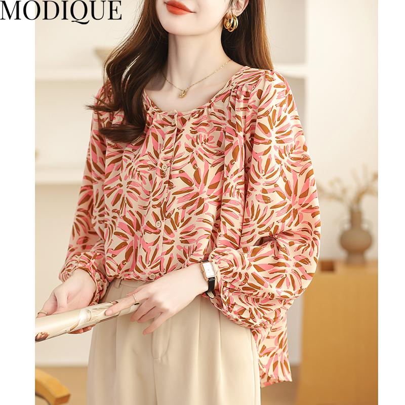 MODIQUE Spring Summer Plus Size Women Casual Loose Elegant Cotton Linen Chiffon Leaf Print Blouse Shirts Lady Oversize O-Neck Long Sleeve Coats