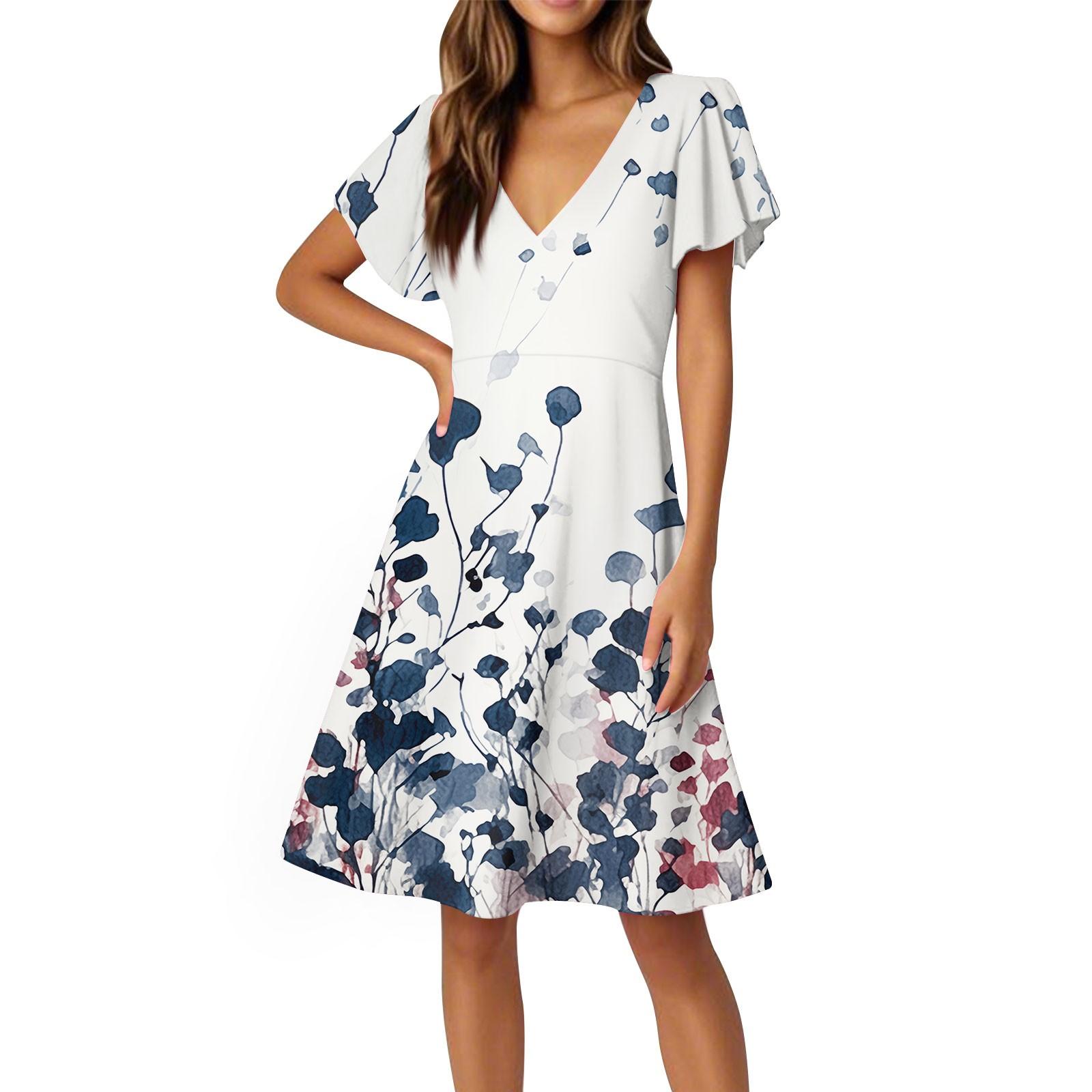 

Women s Dress Flared Sleeve Short Sleeve Casual Floral V-neck Dress M