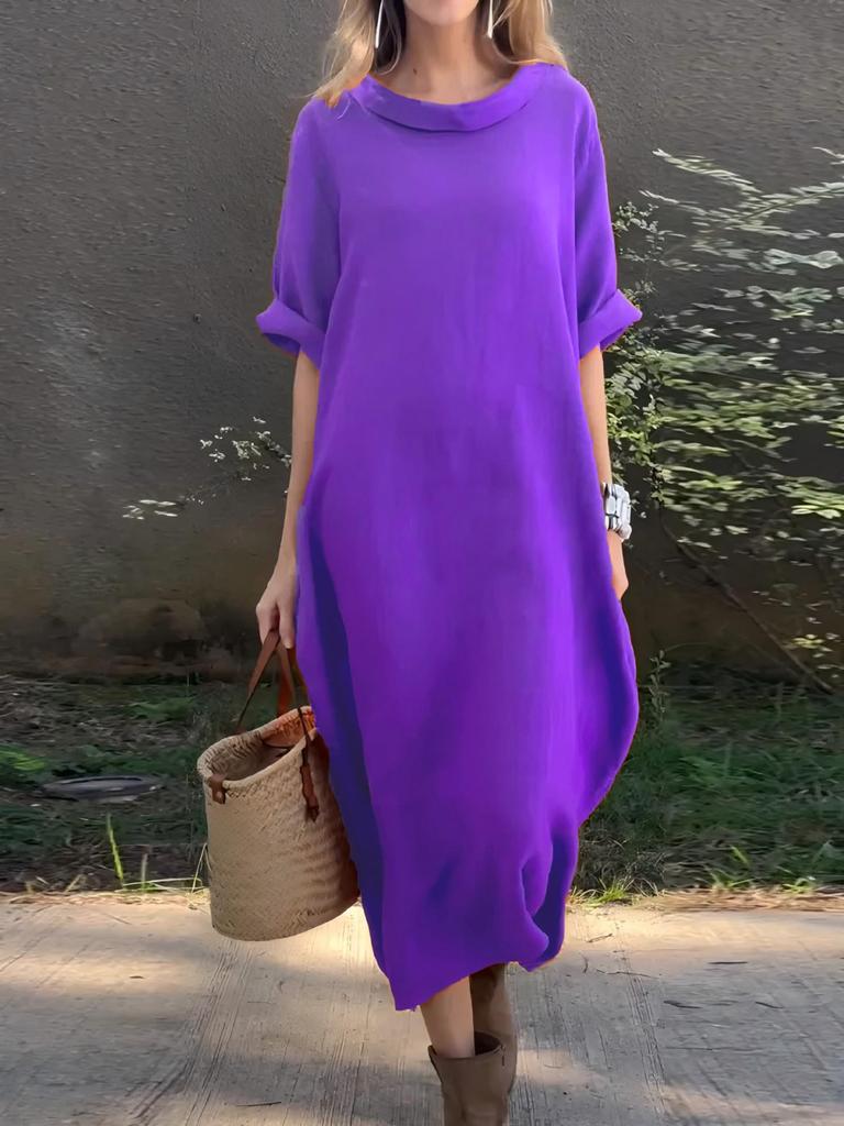 2026 Plus Size European & American Style Women’s Casual Loose Mid-Sleeve Swing Dress