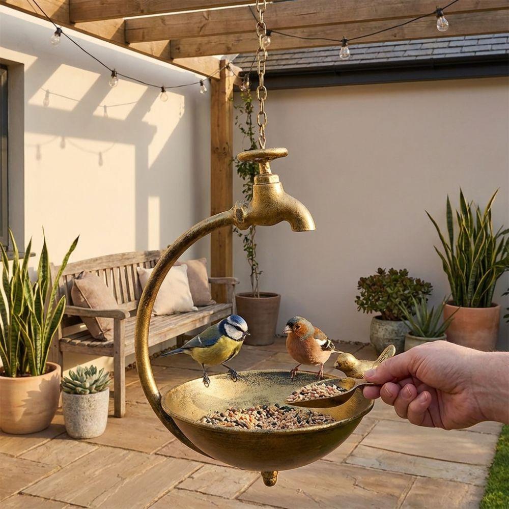 Faucet Design Metal Bird Bath Handcrafted Iron Bird Feeding Bowl Hanging Bird Feeder  Backyard Use