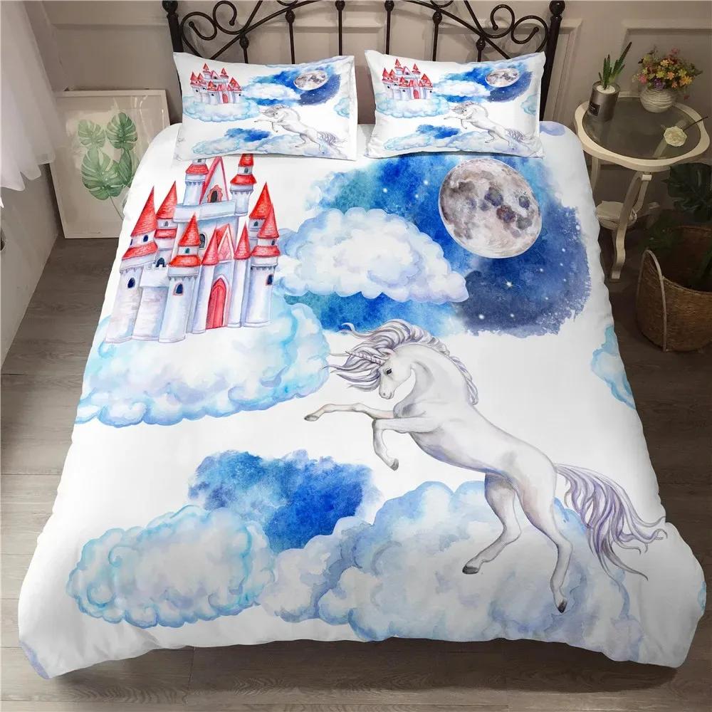 Cute Unicorn Duvet Cover Set Girly Pink Castle Bedding Set Single Twin Size For Princess Girl Dedicated Bedroom Decor Bedclothes