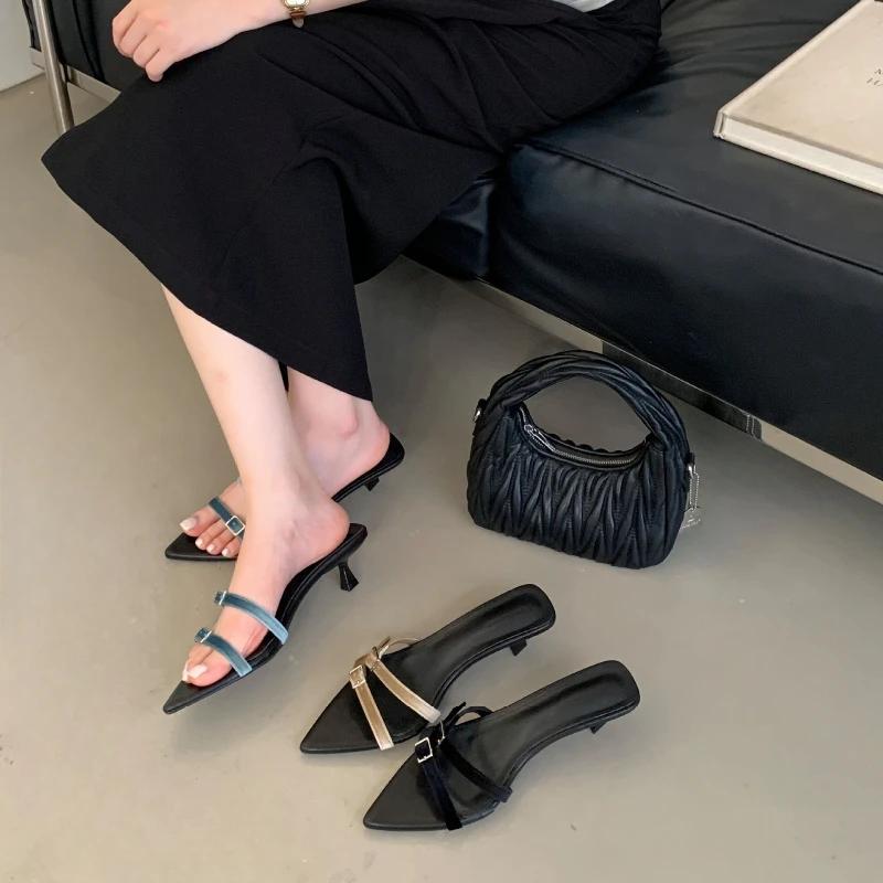 Elegant Pointed Toe Kitten Heel Slippers Women Narrow Strap Buckle Design Summer Slide Sandals Comfort Non Slip Beach Loafers