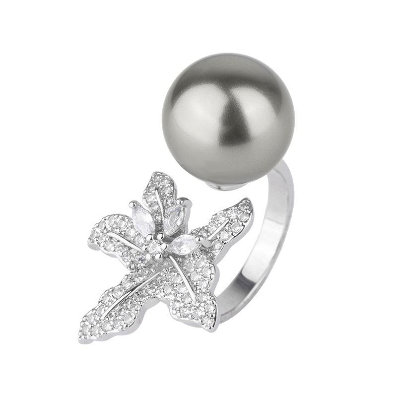 Huitan Trendy Flower Imitation Pearl Opening Rings Women Sparkling Crystal CZ Sweet Female Finger Accessory for Wedding Jewelry
