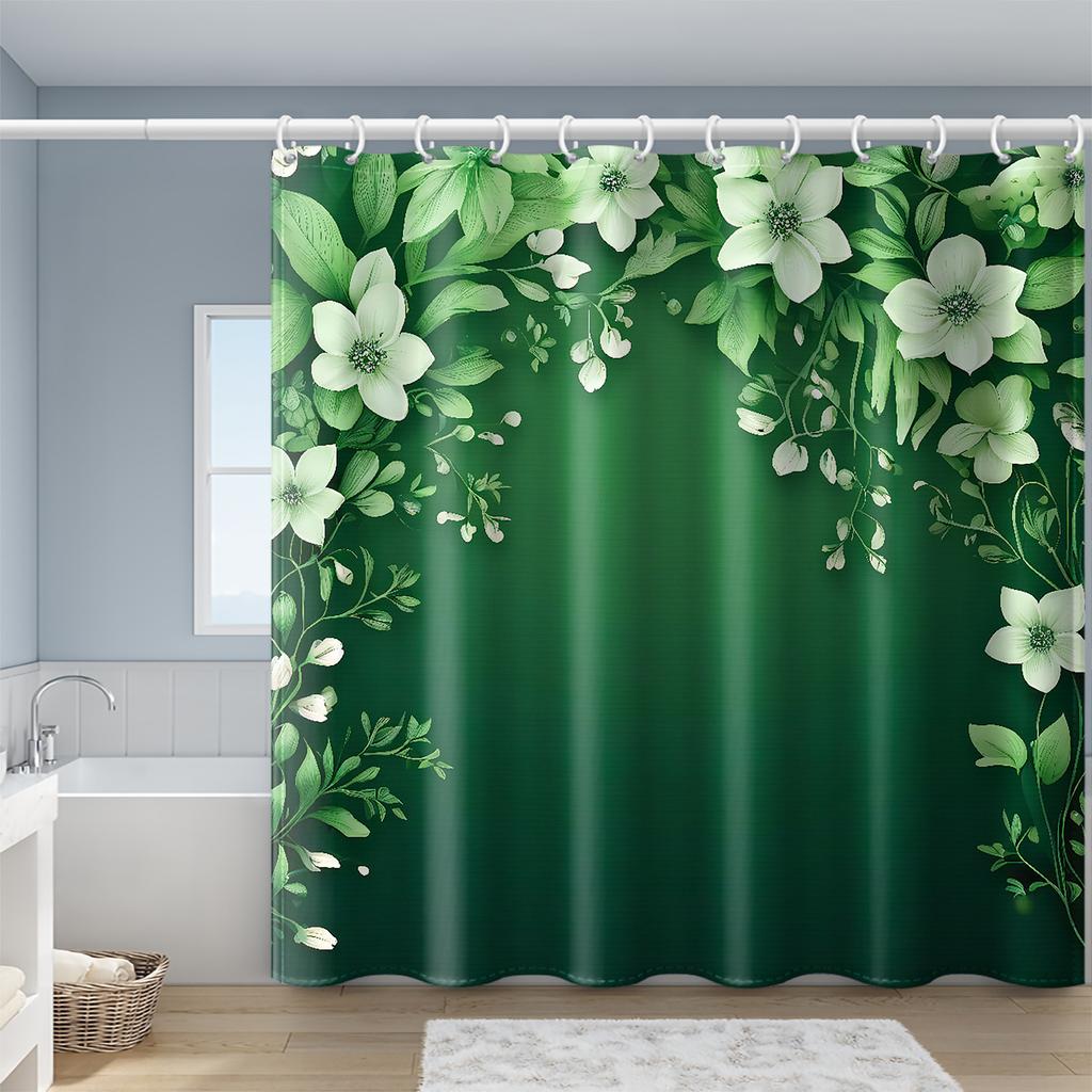 1pc green base light green floral print shower curtain, with hooks, polyester fabric, windows and walls, bathtub bathroom home