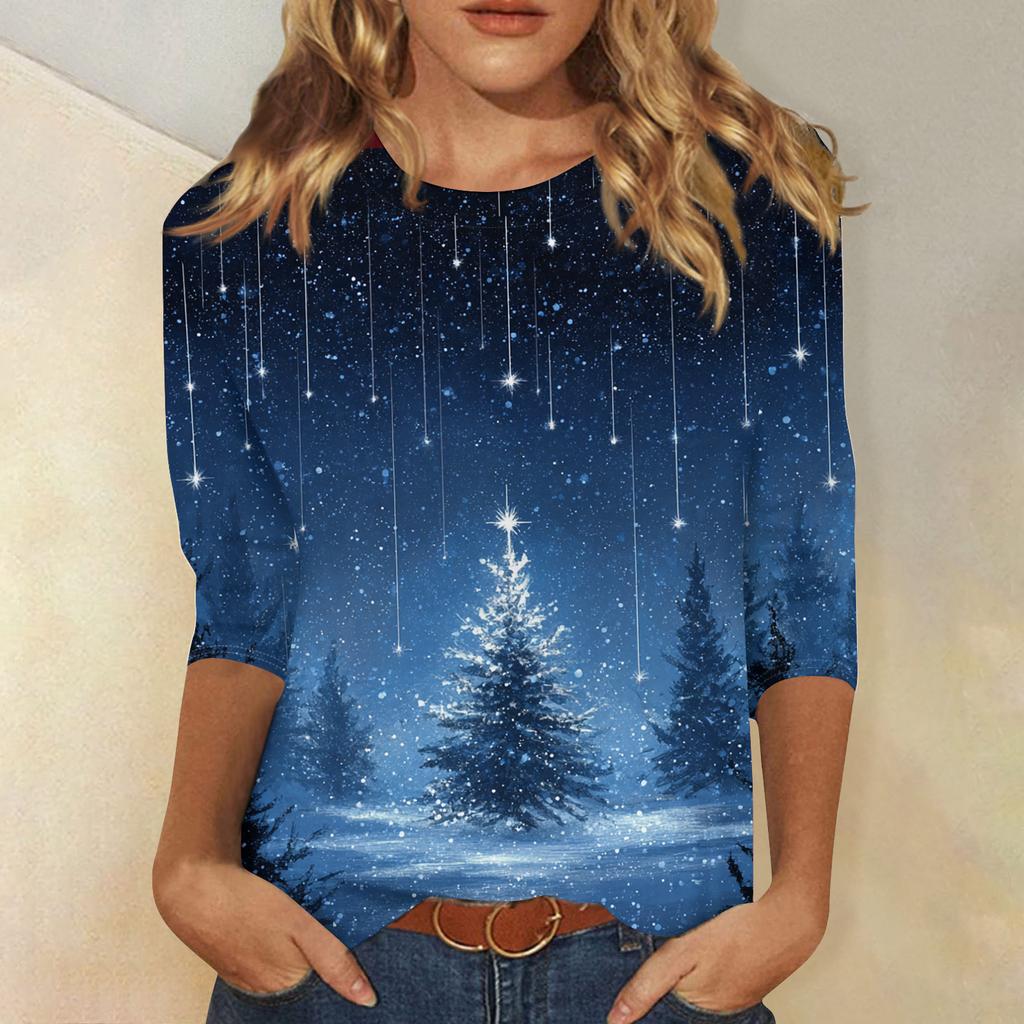 Women's Fashion Casual Christmas Printed Round Neck Long Sleeve Pullover Top