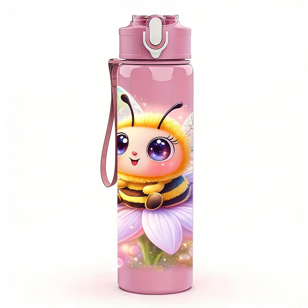 1PC Cute Fairy Bee Cartoon Print 750ml Color Plastic Sports Water Bottle Leakproof Flip Straw Lid Suitable for Sports Office Home Use