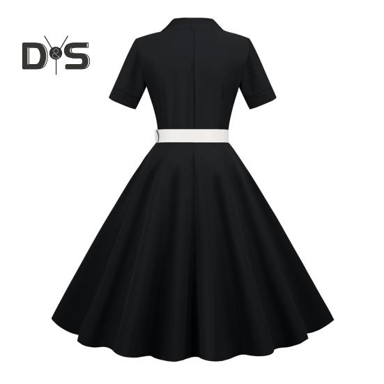 Damekjole V-hals Revers Enkeltspent med Belte A-linje Stort Sving Skreddersydd Høy midje Ensfarget Retro Kortermet Prinsessestil Dame Midikjole