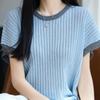 Navava Women S Cool baSic Ribbed Color Block Round Neck Short Sleeve Knit Tee Nk