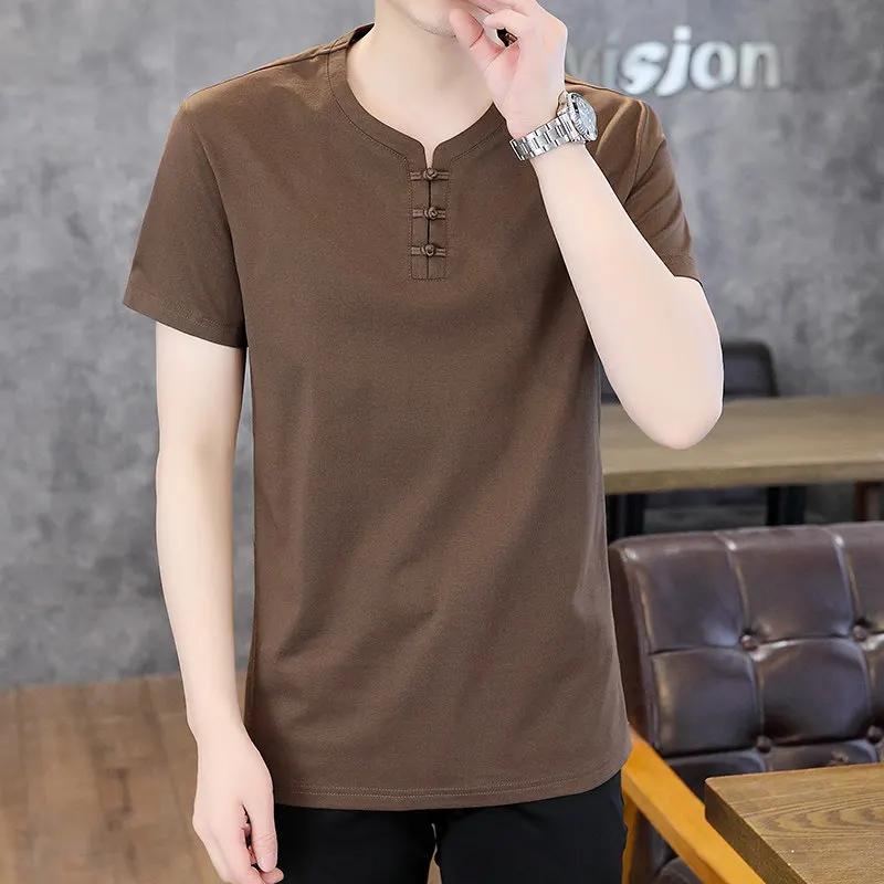 Chinese Style Men's Short Sleeve Tshirts Summer Men Thin Tang Costume Cotton Shirts Youth Fashion V Neck T-Shirt Male Tops Tees