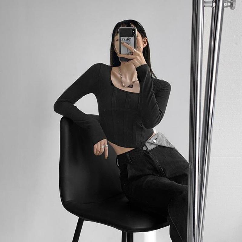 2KWEIRD Y2k T-shirt Girls Crop Tops Spring Women Long Sleeve O Neck Cotton Shirts Bustier Harajuku Pullover Streetwear All-match T-shirt