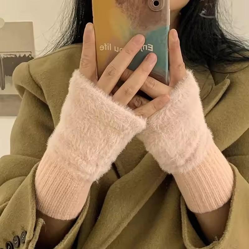 Winter Warm Imitation Mink Fur Gloves Women Half Finger Long Wrist Protection Soft Gloves Daily Office Writing Cold Resistant
