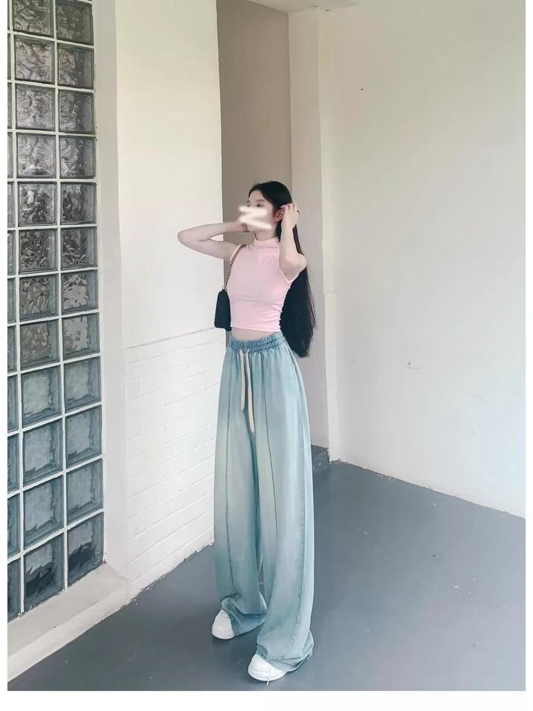 Women's High-Waisted Wide-Leg Ice Silk Jeans: Elastic Waist, Loose Fit, Slimming, Summer-Ready, Floor-Length.