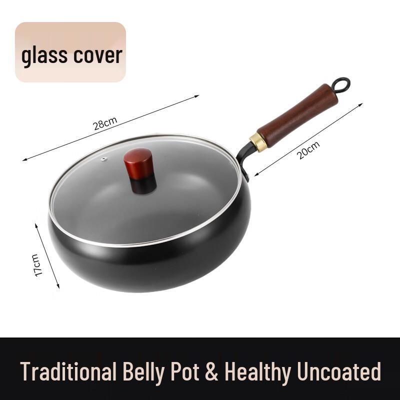 ZISIZ 28cm Non-Stick Wrought Iron Stir-Fry Wok with Glass Lid