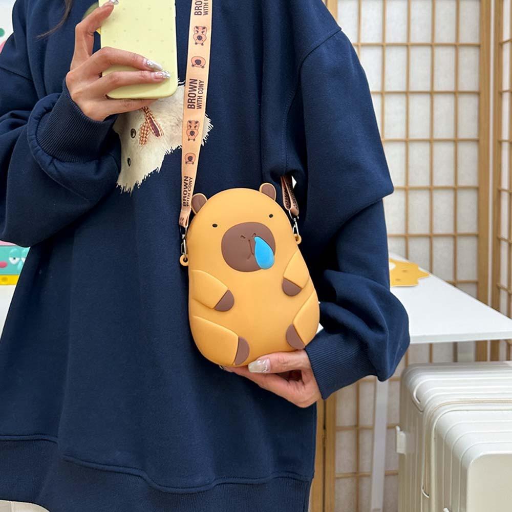 Kawaii Capybara Shoulder Bag Cartoon Phone Storage Pouch Crossbody Bag Silicone Doll Bag  Daily