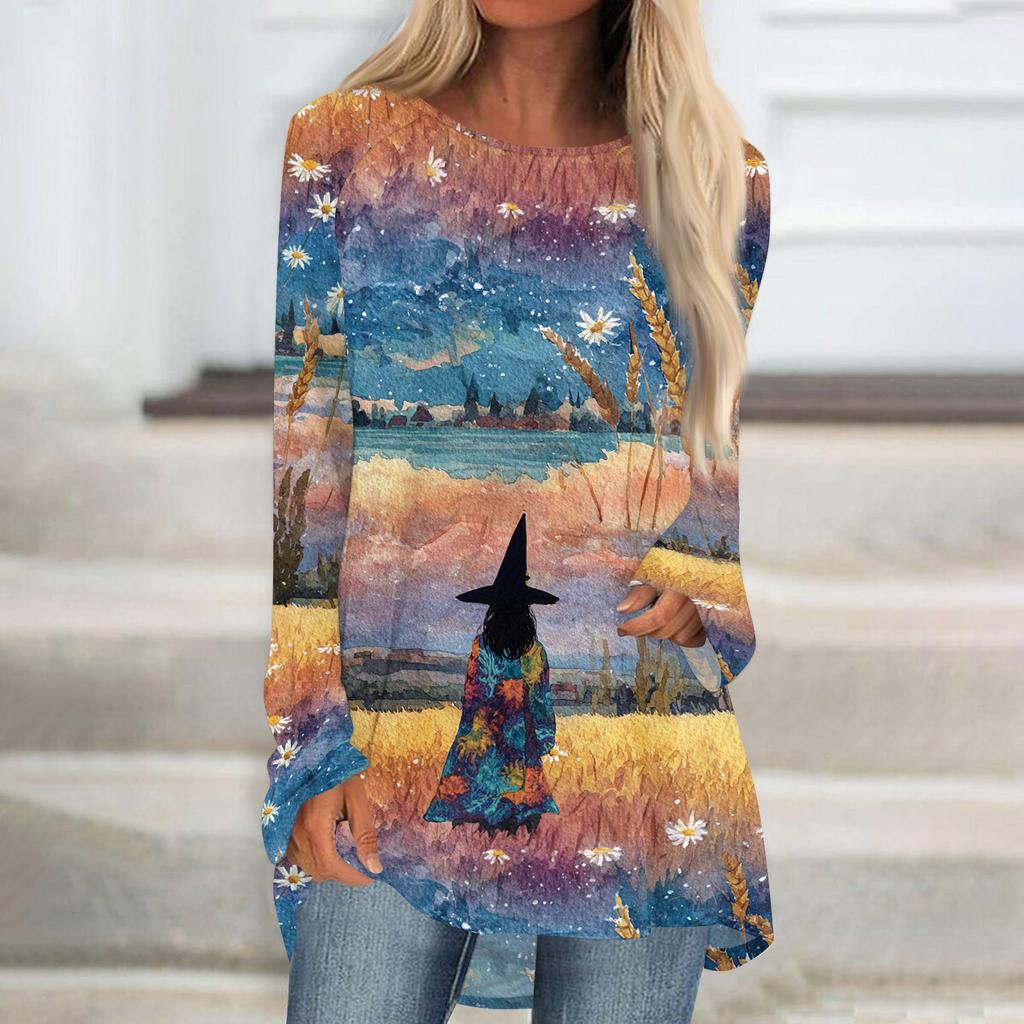Women's Halloween Printed Long Sleeve Round Neck T-Shirt Mid-Length Casual Top