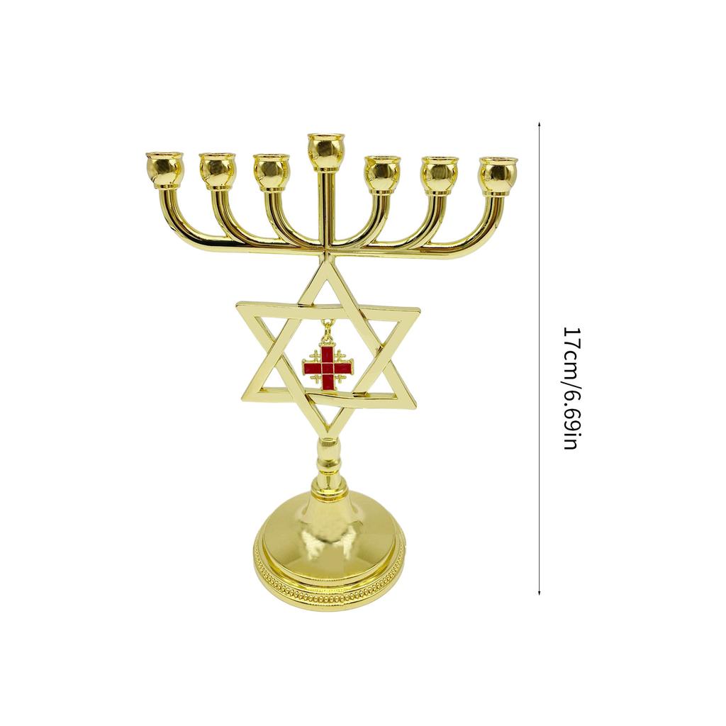 7 Branch Jewish Metal Star of David Candle Holder with Cross Pendant Menorah Ornament Temple Candlestick Candle Stand